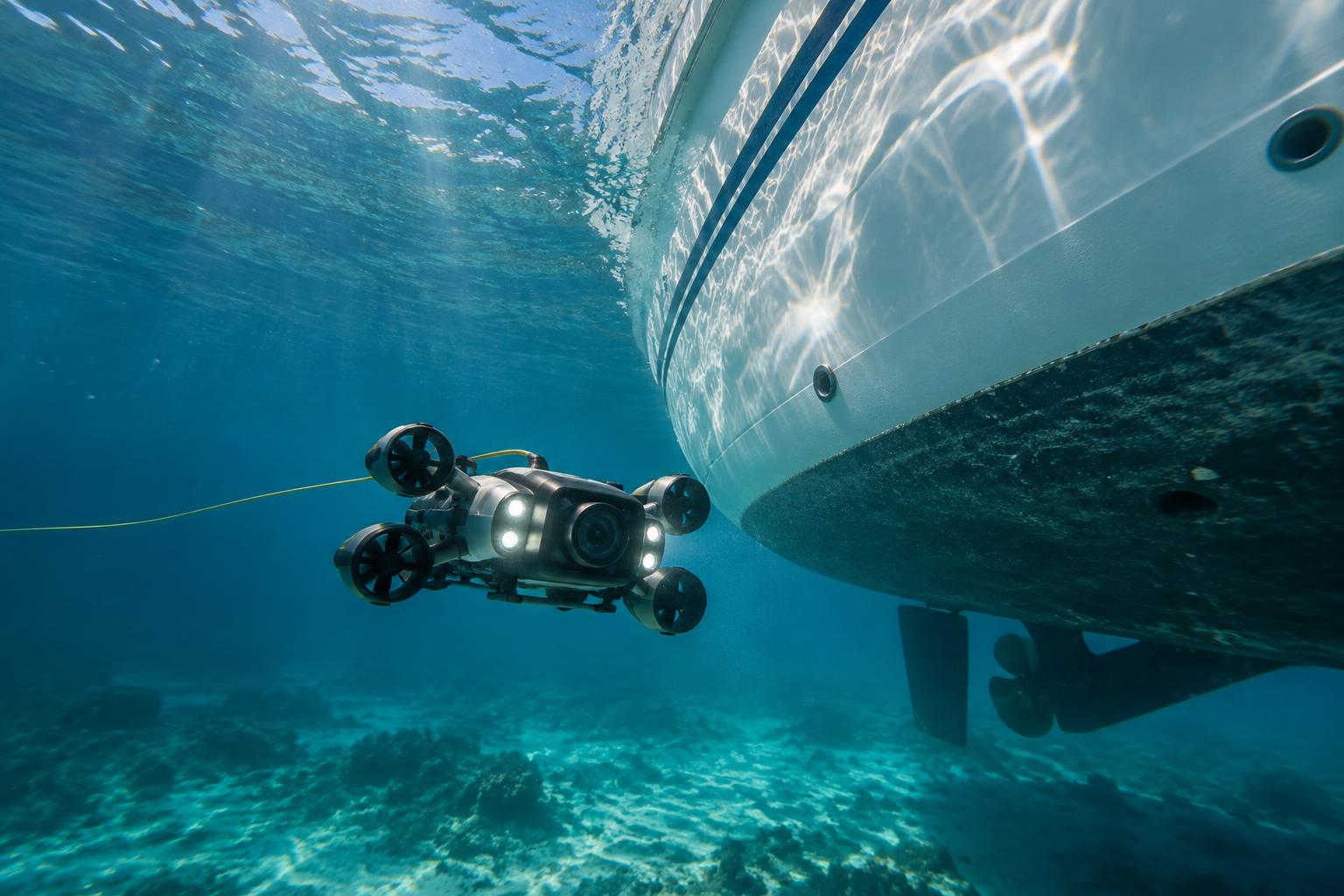 drone sous-marin professionnel inspectant la coque d'un yacht à Saint-Martin